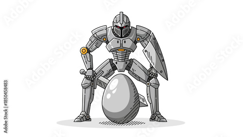Pixel art armored robot knight guarding a large finned egg