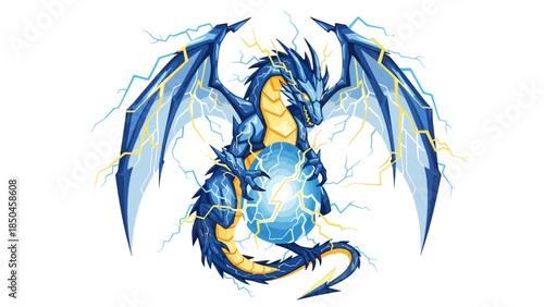 Pixel art electric blue dragon holding a glowing energy orb