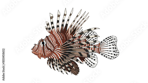 Pixel art illustration of a reddishbrown and white striped lionfish on a white background