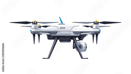 Pixel art illustration of a white quadcopter drone with a camera gimbal