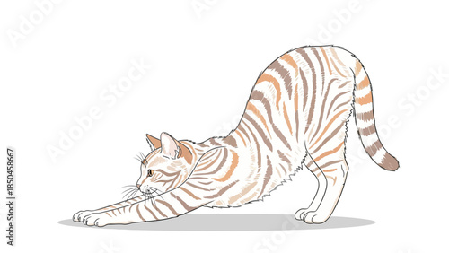 Pixel art illustration of a striped cat stretching its body