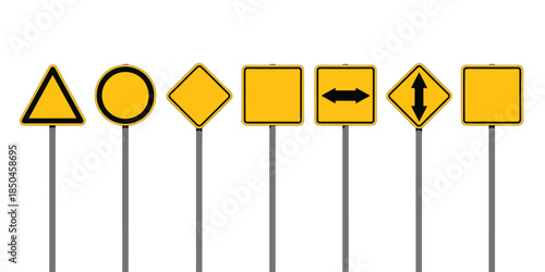 Yellow warning signs with various geometric shapes on metal poles in bright sunlight for road safety