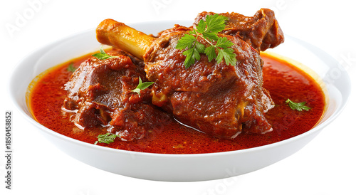 Top view of mutton curry isolated on white background