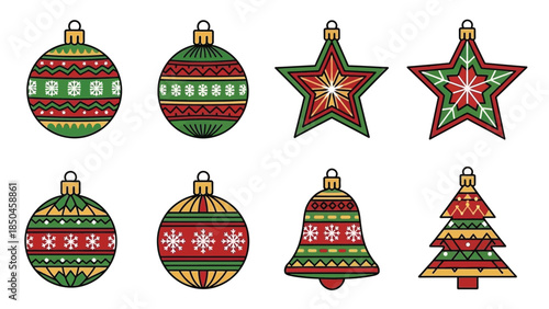 Set of christmas ornaments and decorations with festive patterns in traditional holiday colors