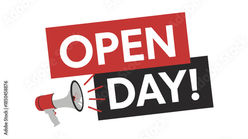 Open Day Announcement with Megaphone in Bold Red and Black Typography for Event Promotion