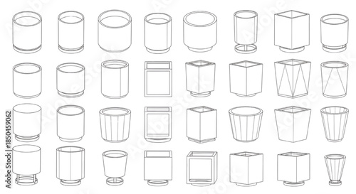 Collection of various geometric-shaped flower pots and planters in outline style