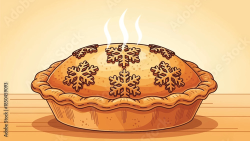 Freshly baked pie with snowflake crust design steaming on a rustic wooden table for christmas or holiday dessert