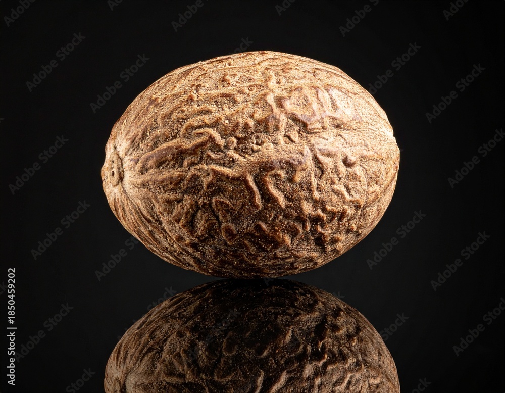 Obraz premium Elegant studio photograph of a whole nutmeg, revealing its rich, textured surface with a perfect symmetrical reflection on a dark, glossy background, ideal for editorial food themes
