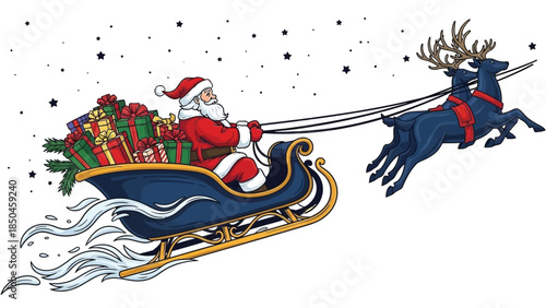 Santa claus riding in sleigh pulled by two reindeer carrying christmas gifts through starry night sky