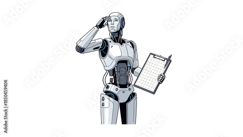 White humanoid robot salutes while holding a clipboard isolated on white
