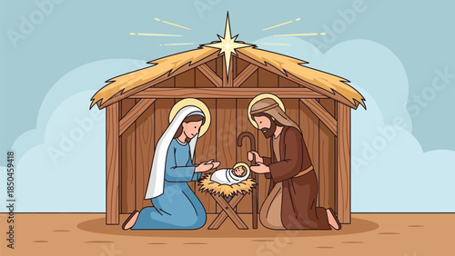 Nativity scene with mary joseph and baby jesus in stable