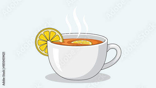 White mug of steaming tea with lemon slice garnish and floating lemon slice