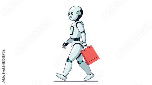 White robot with teal accents walking while holding a red shopping bag