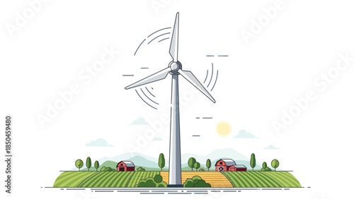 Wind turbine towering over a rural landscape with fields and barns