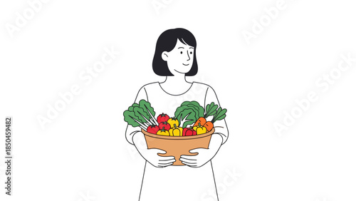 Woman holding a basket overflowing with colorful fresh vegetables