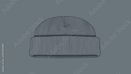 Wireframe rendering of a ribbed knit beanie hat against a solid gray background