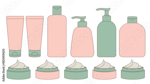 Cosmetic Product Packaging Set Minimalist Flat Design in Pastel Pink and Green Colors Vector Illustration for Beauty and Skincare Branding.