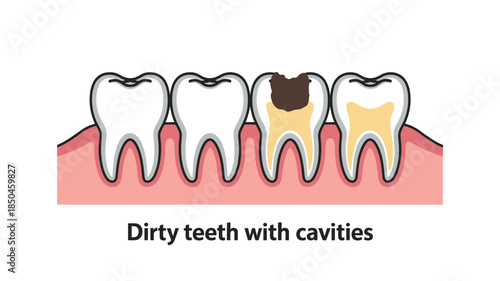 Human teeth with varying stages of decay in a clear educational vector illustration for dental health awareness.