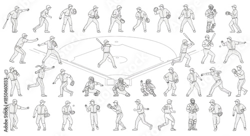 Baseball players' athletic concept illustrated with detailed vector line art poses and game actions
