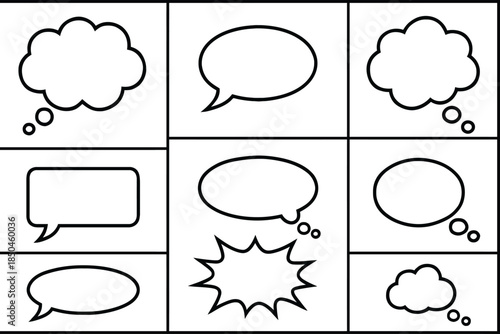 Comic speech bubbles in various shapes and sizes for communication.