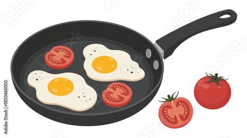 Fried eggs and tomato slices in a frying pan with a simple flat vector cartoon illustration, bright natural colors, for breakfast, cooking, or healthy food preparation.