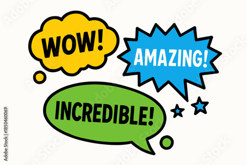 Set of three colorful comic book style speech bubbles.