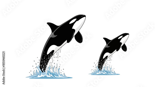 Two pixelated orca whales breaching water splashes on a white background