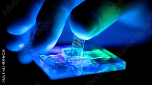 close-up showing a transparent hand manipulating a miniature, glowing cube labeled ReRAM, demonstrating its potential for massive, high-density data storage. The cube projects a complex holographic 