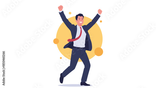 Excited Businessman Jumping Joyfully with Arms Raised in Bright Yellow Flat Illustration for Business Success and Achievement.