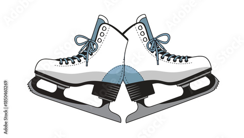 Two white figure skates with blue laces mirrored together