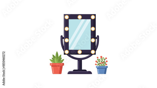 Vanity mirror with lights flanked by two potted plants