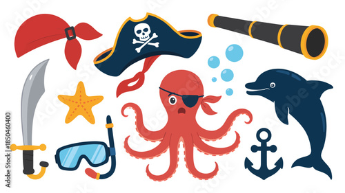 Playful pirate and sea adventure elements with whimsical cartoon style in bright flat colors as vector graphic illustrations for childrens design projects.