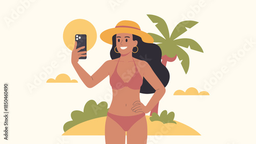 Smiling Woman Taking Selfie Joyful Summer Vacation Bright Sunny Pastel Colors Flat Vector Illustration for Social Media and Travel Content.