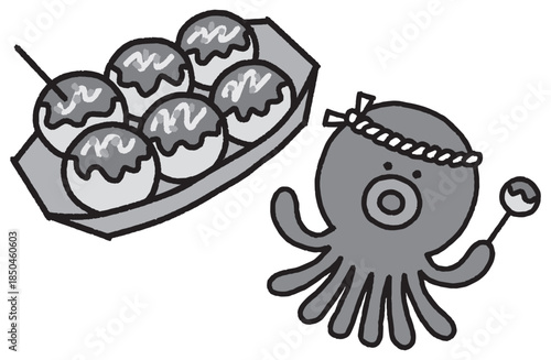 たこ焼きとタコのキャラクター モノクロ