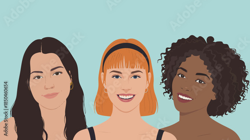 Three Diverse Women with Friendly Confident Smiles in Bright Light Blue Flat Design Vector Art for Diversity and Inclusion Representation.