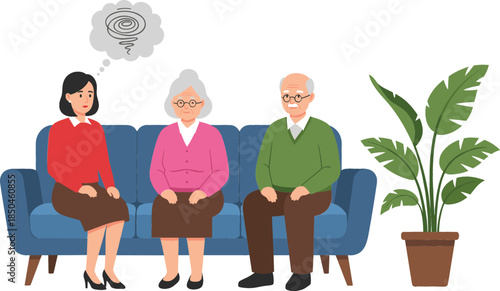A young woman sitting on a sofa with an elderly couple appearing worried or stressed with a thought bubble representing anxiety and mental health support.