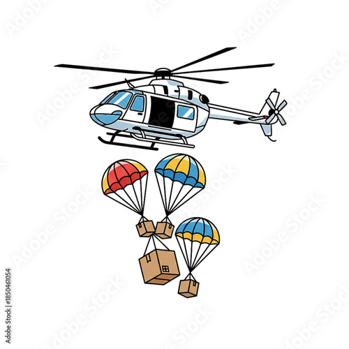 helicopter drops aid boxes using parachutes. isolated on white background.