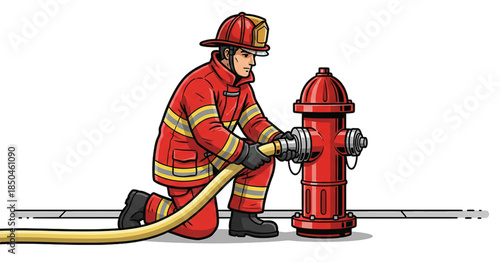 Firefighters attaching hoses to hydrant pipes. Isolated on a white background.