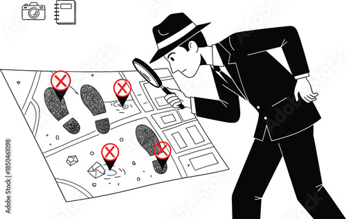 A black and white vector illustration of a detective in a suit and hat using a magnifying glass to investigate footprints at a crime scene.