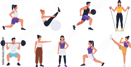 Set of diverse people performing various fitness exercises including weightlifting, lunges, pilates, and cardio workouts for gym and healthy lifestyle concepts.