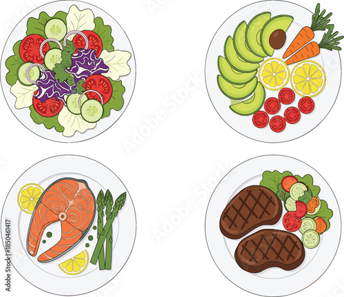 Set of four healthy meal plates with fresh salad, grilled salmon, steak, avocado, and vegetables for nutrition and dieting