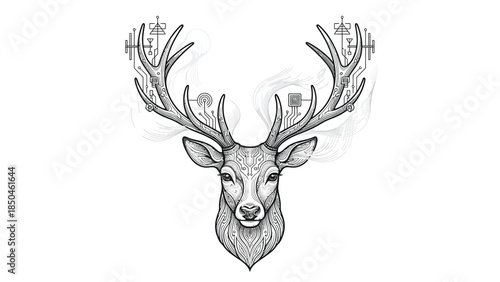 Detailed illustration of a majestic stag with impressive antlers, artistic design.