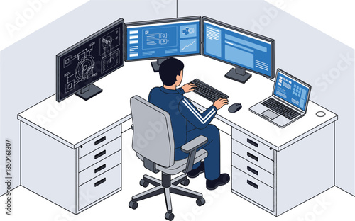 Isometric vector illustration of a male IT professional working at a modern office desk with triple monitors and laptop for software development.