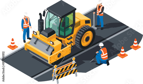 Isometric road construction site with yellow steam roller machine, workers in safety vests, orange traffic cones, and barriers on asphalt