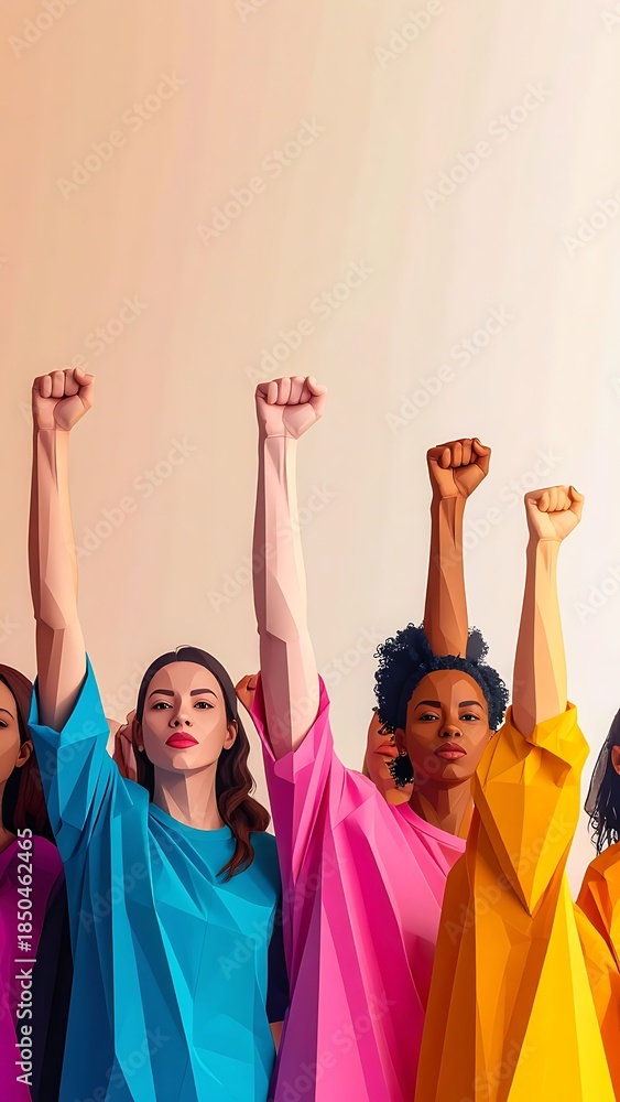 Fototapeta premium Diverse group of women in vibrant colors stand together with their fists raised in solidarity against a light background