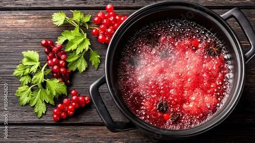 vibrant overhead illustration of a steaming Hua Jiao hot pot (Sichuan style), bubbling with rich red chili oil and an abundance of whole Sichuan peppercorns. The steam rises dynamically, conveying 