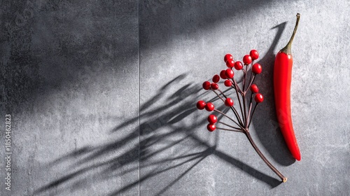 illustration of a single, iconic red chili and a cluster of Hua Jiao peppercorns casting long, dramatic shadows across a clean, textured surface. The simplicity emphasizes the core ingredients 