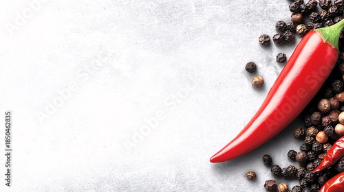 illustration of a single, iconic red chili and a cluster of Hua Jiao peppercorns casting long, dramatic shadows across a clean, textured surface. The simplicity emphasizes the core ingredients 