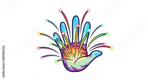 Dynamic icon illustrating a visionary hand radiating light and colorful connections, symbolizing creative intelligence, digital innovation, and interconnected thought processes