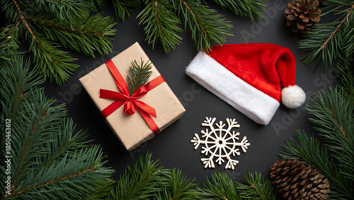 Christmas Gifts Flat Lay with Presents, Pine Branches and Holiday Decor